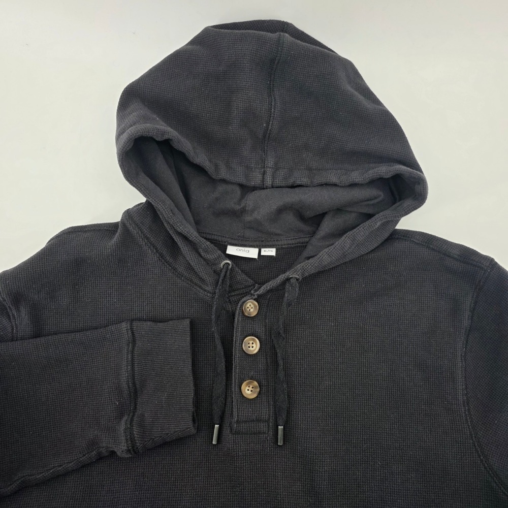 Onia Mens Waffle Knit Henley Hoodie Black Thermal Pullover XL Casual